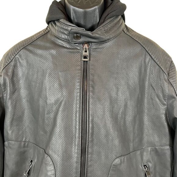 GUESS Black Hooded Lightweight Vegan Faux Leather Moto Zip Jacket - Picture 2 of 16